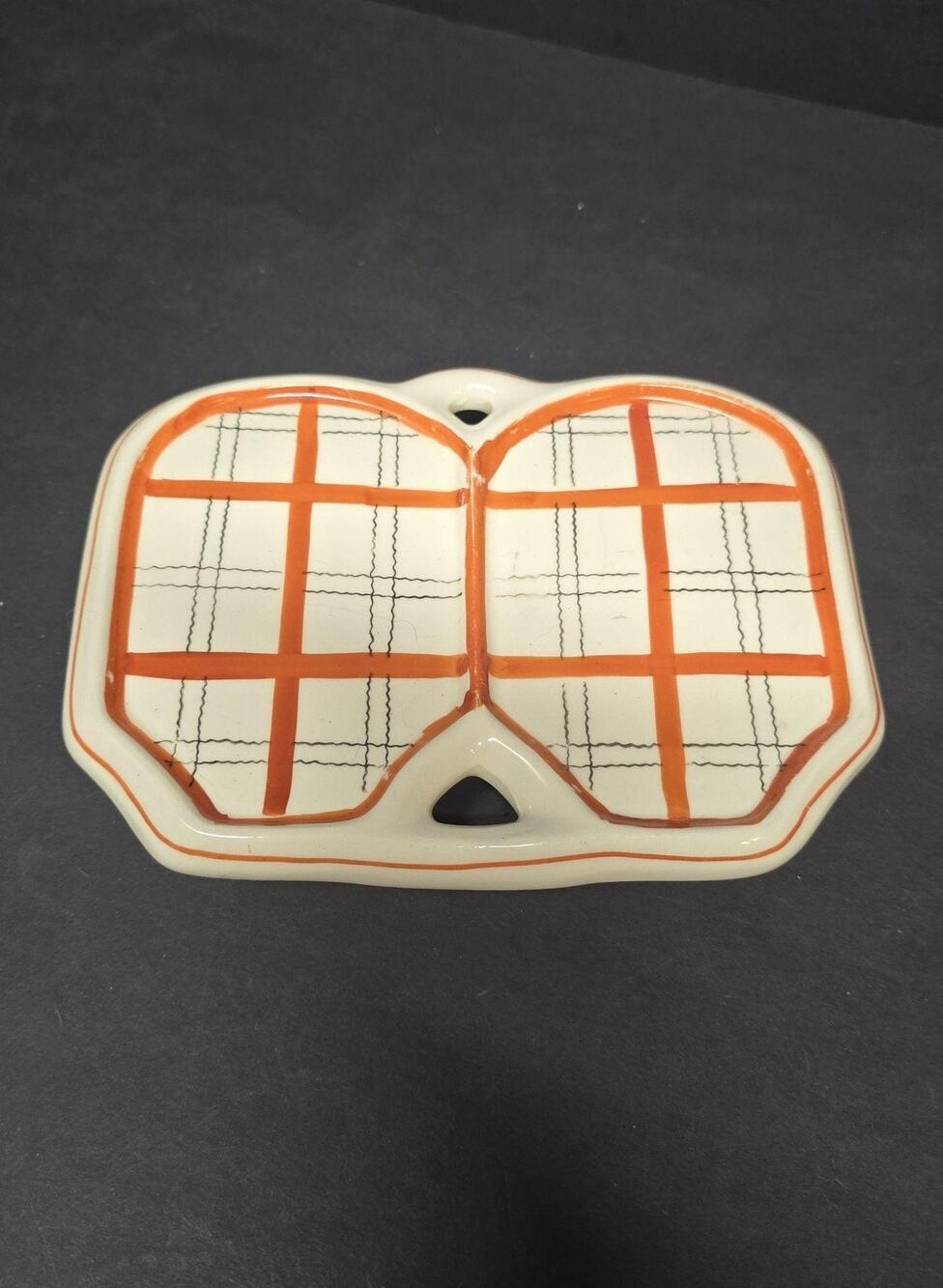 Vintage Goldcastle Japan Hand Painted Orange Checked Caddy 2 Section Porcelain